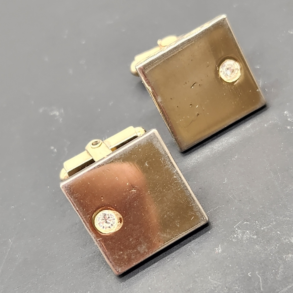 Vintage cufflinks men's golden tone square rhinestone embellished formal classic